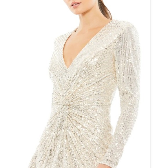 NWT Ieena Mac Duggal 26549 Sequin Knotted Long Sleeve Midi Dress 6 Nude Silver - Picture 3 of 5